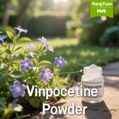 Image of white Vinpocetine powder in a jar next to purple flowers, representing a plant extract powder.